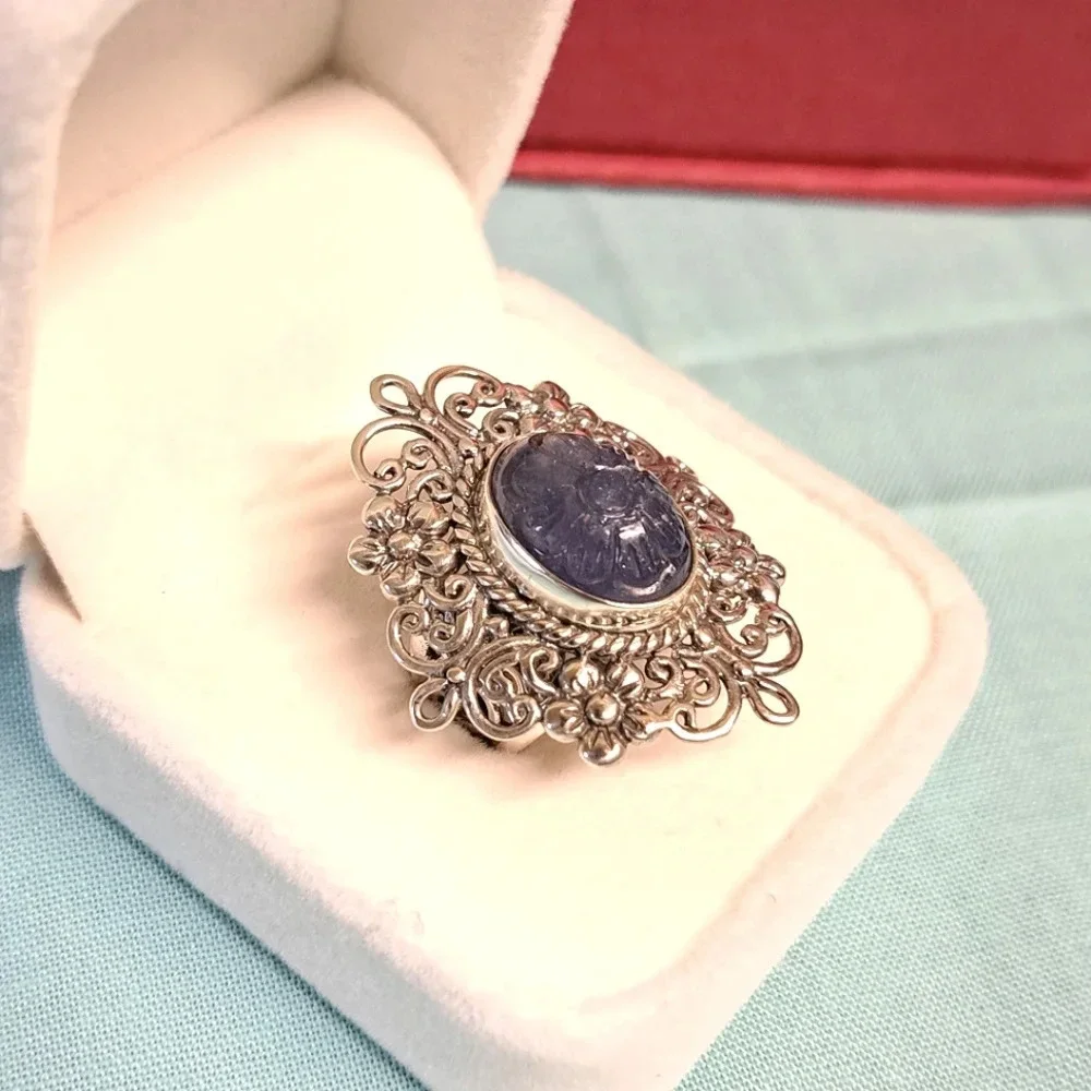 Tanzanite Natural Hand Carved Floral Ring In 925 Sterling Silver.
